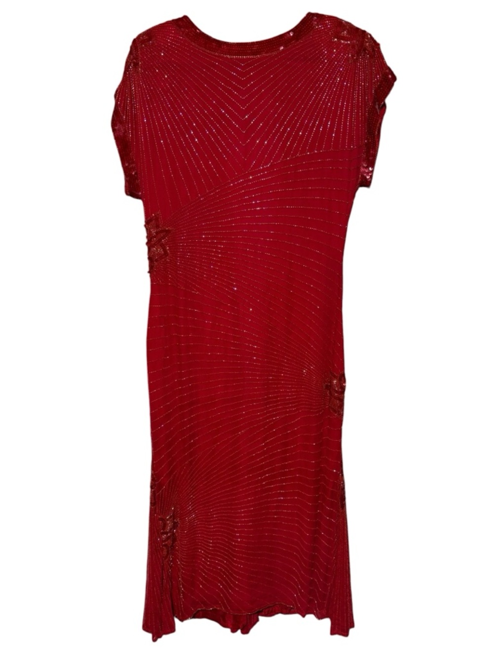 Vintage Red Silk Beaded Midi Maxi Dress Size L Holiday Formal Special Occasion